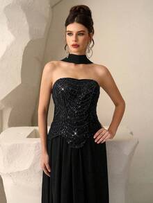 Coutiva Elegant Sequin Long Sleeve Dress, High-End Banquet Gown - Black - View 6