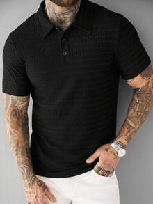 SLATEMANN Camisa polo casual de manga corta de unicolor para hombre, camisa polo de punto abotonada para hombre, polo negro para hombre, polo texturizado para hombre - Negro - Ver 4