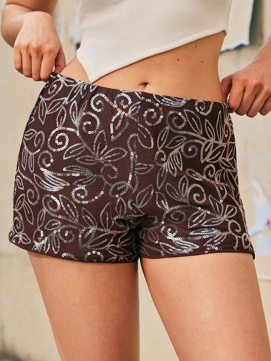 Freevana Plus Size Vintage Party New Year Holiday Sequin Women Shorts, Suitable For Autumn/Winter - Brown - View 1