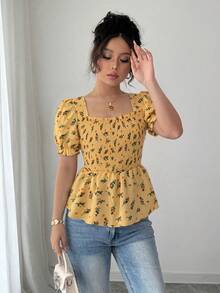 Elenzga 女士优雅碎花修身衬衫 - 黃色 - 查看 6
