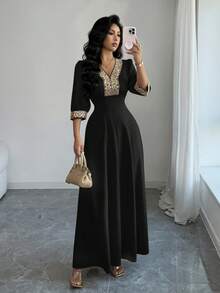 Elenzga Đầm midi nữ màu mơ thời trang mới, cổ chữ V, tay phồng, thêu họa tiết ngọc trai, ôm dáng, thích hợp mặc hàng ngày, dự đám cưới, dạ hội, đi làm, tiệc tốt nghiệp, kỳ nghỉ, du lịch, hẹn hò, tiệc tùng, Halloween, Giáng sinh, Năm mới, Lễ Tạ ơn, đám cưới. - màu đen - Xem 7