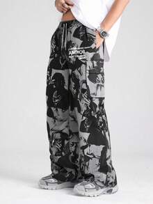 ROMWE MEN Street Life 男士时尚百搭抽绳腰部全印花梭织长裤，秋季 - 彩色 - 查看 1