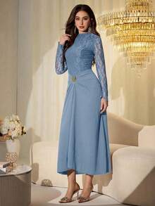 Modelyn Women Elegant Blue Floral Lace Bodice Midi Dress,Spring And Summer Long Sleeve High Neck Party Gown With Butterfly Buckle & Modest A-Line Silhouette - Blue - View 8