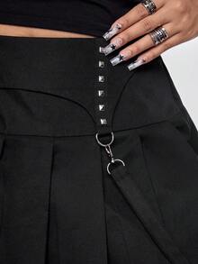 ROMWE Goth 大码女式铆钉装饰低腰百褶迷你裙，适合约会和外出穿着 - 黑色 - 查看 7