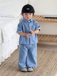 Bộ 2 món áo sơ mi và quần ống rộng bằng vải denim cho bé trai, màu xanh dương. - Rửa nhẹ - Xem 1