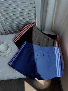 SHEIN EZwear 2条装女士弹力腰带条纹宽松休闲运动短裤，适合日常街头穿搭，夏季百搭 - 彩色 - 查看 5