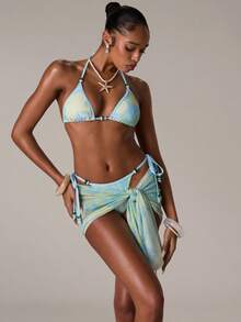 SHEIN BAE 女士夏季沙滩扎染露背性感比基尼套装，配同款纱笼裙 - 淺藍色 - 查看 7