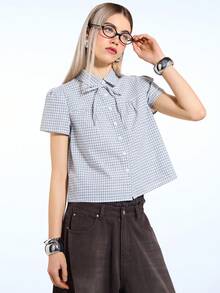 COUREZ 前系带短袖格子衬衫/Y2K春季上衣外出上衣街头服饰 - 彩色 - 查看 4