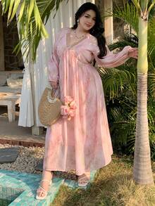 Dazy Plus Plus Size Women Chiffon Floral Print Patchwork Tie-Waist Maxi Dress, Elegant Resort Style For Spring/Summer Sundress Boho Vacation Outfits Women - Pink - View 4