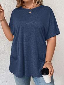 SHEIN LUNE Plus Size Women Casual Solid Color Minimalist Pocket Short Sleeve T-Shirt - Blue - View 5