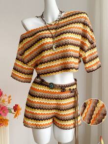 SHEIN EZwear 2件套女士不对称领锯齿条纹针织短袖上衣和短裤休闲套装 - 彩色 - 查看 10