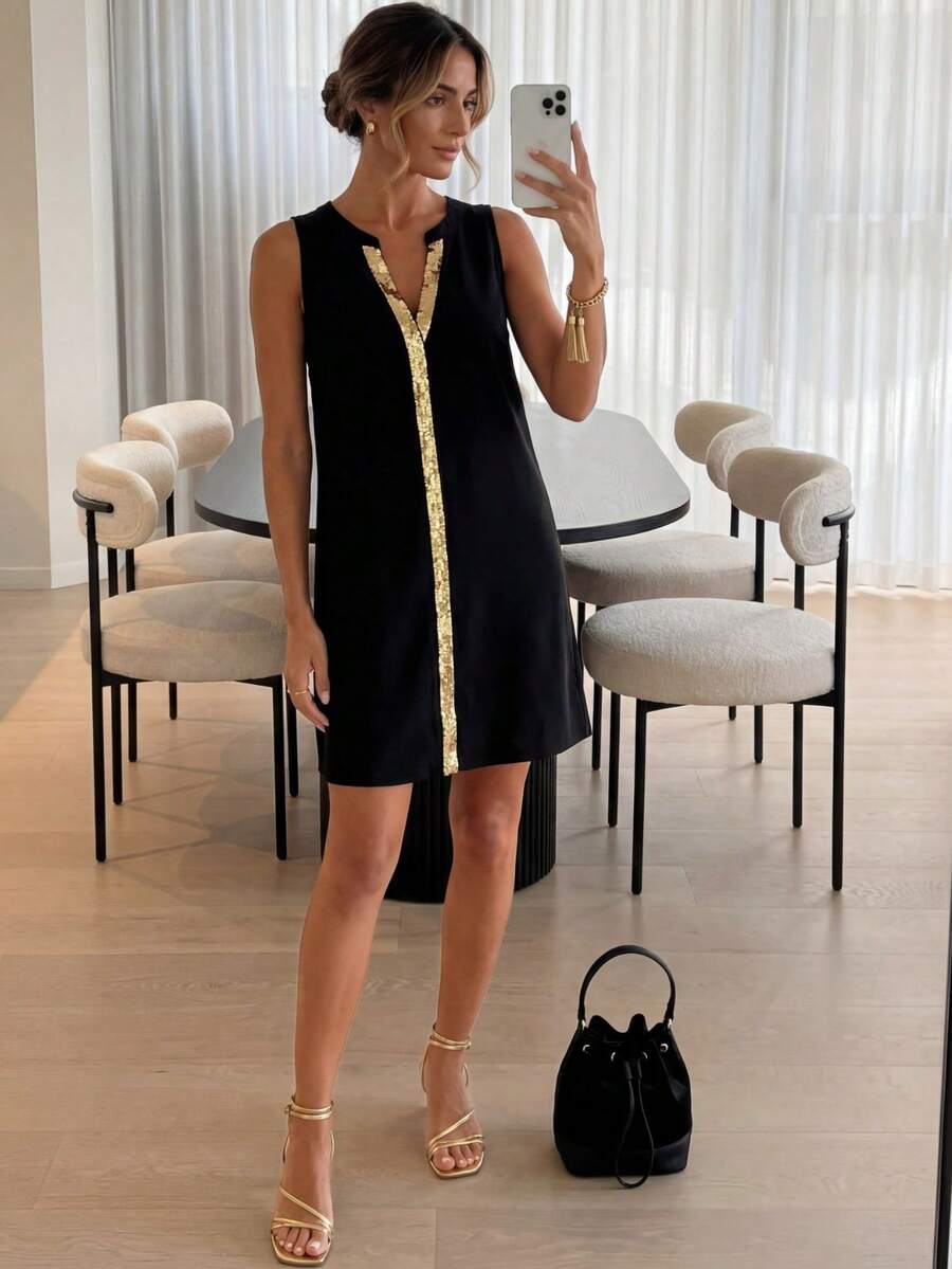 Easowa Đầm nữ dáng rộng, phối sequin, cổ chữ V, kiểu dáng thường ngày. - màu đen - Xem 1