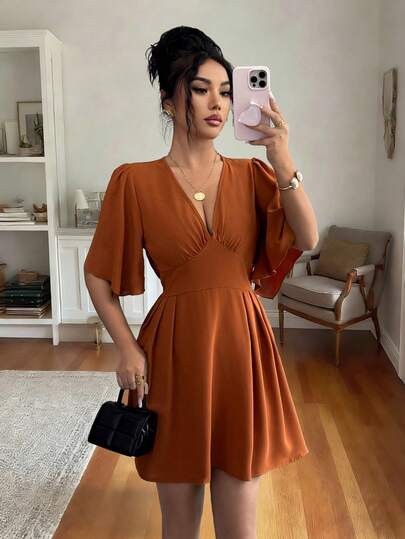 Rafferiza 女士优雅纯色V领荷叶袖腰部系带连衣裙，夏季