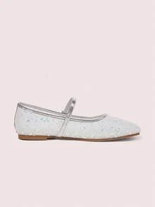 CUCCOO DOLLMOD Women's Shoes Silver Mesh Embroidery Decorative Flat Bottom Mary Jane Spring Shoes - silver white - View 9