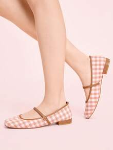 CUCCOO DOLLMOD Sepatu Mary Jane Wanita Motif Kotak-kotak Cokelat Muda, Ujung Persegi Datar, Sepatu Hak Rendah yang Lucu dengan Gaya Kampus, Cocok untuk Musim Semi, Paskah, Natal - Coklat Berkarat A - View 5