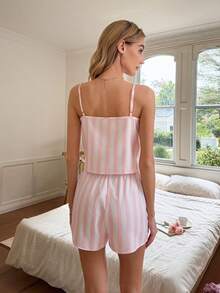 SHEIN Bộ đồ ngủ nữ lãng mạn họa tiết hoa sọc, cổ áo thêu, gồm áo hai dây và quần short. - Màu Hồng baby - Xem 3