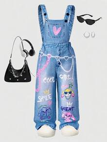 Young Girl' Fashionable Chain, Rabbit & Letter Print Bib Pants, Back To School Item, Stylish Jumpsuit For Spring, Summer, Autumn - Blue - View 1