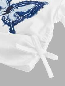 Young Girl Fashion Knit White Round Neck Butterfly Print Short Sleeve Knit T-Shirt And Faux Denim Print Flare Pants Set - Blue - View 4