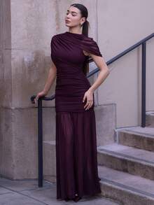 Andrea Bello Elegant Ruched Skirt Bodycon Dress, Suitable For Cocktail Party, Romantic Date, Autumn/Winter Layering, Party, Formal Gathering, Halloween, Christmas - Maroon - View 6