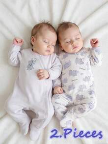 2pcs/Set Newborn Long Sleeve Romper, Cute Elephant & Rhinoceros Print And Embroidery, Soft Fleece And Regular Fabric Combination, Comfortable Outfit For Infant Everyday Wear - Mauve Purple - View 4