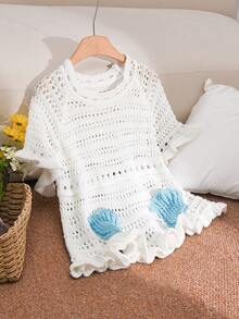 CosyJoli Plus Size Ruffled Hollow-Out Knitted Blouse - Beige - View 3