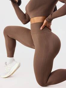 Seamluxe SHEIN Sport Women's Solid Color Long Sleeve Cropped T-Shirt And Leggings Sports Suit - Brown - View 7