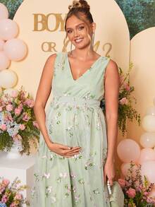 Loomaby 孕妇V领花卉刺绣网纱时尚派对无袖连衣裙 - 綠色 - 查看 11