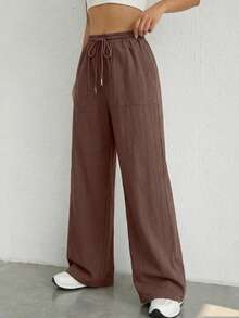 SHEIN EZwear Quần ống rộng dệt kim dáng thường ngày dành cho nữ, thích hợp cho mùa xuân/hè. - màu nâu - Xem 2
