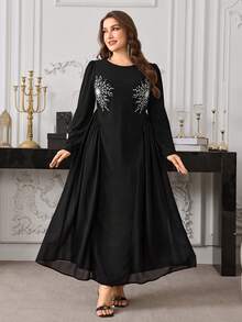 Modelyn Plus Size Embroidered Ruffle Crew Neck Long Sleeve Dress - Black - View 5