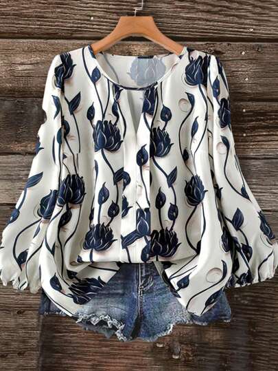 EMERY ROSE 新作カジュアルファッション プリント Vネック 長袖 レディースブラウス