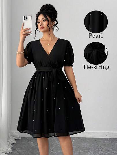 Elenzga Đầm ngắn tay phồng ôm sát, thanh lịch, gợi cảm, cổ chữ V dành cho nữ cỡ lớn, phù hợp cho đi làm hàng ngày, dự tiệc, đi club buổi tối, thiết kế thắt nơ ở eo, trang trí họa tiết ngọc trai giả.