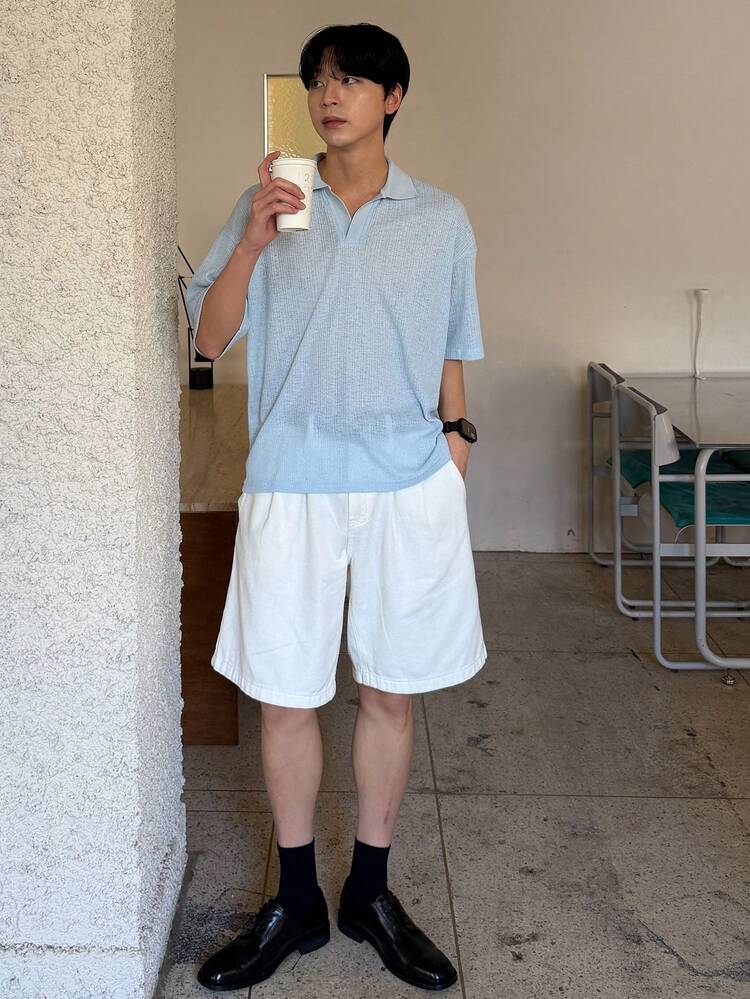 Men's Short Sleeve Textured Fabric Blue Polo Shirt, Summer