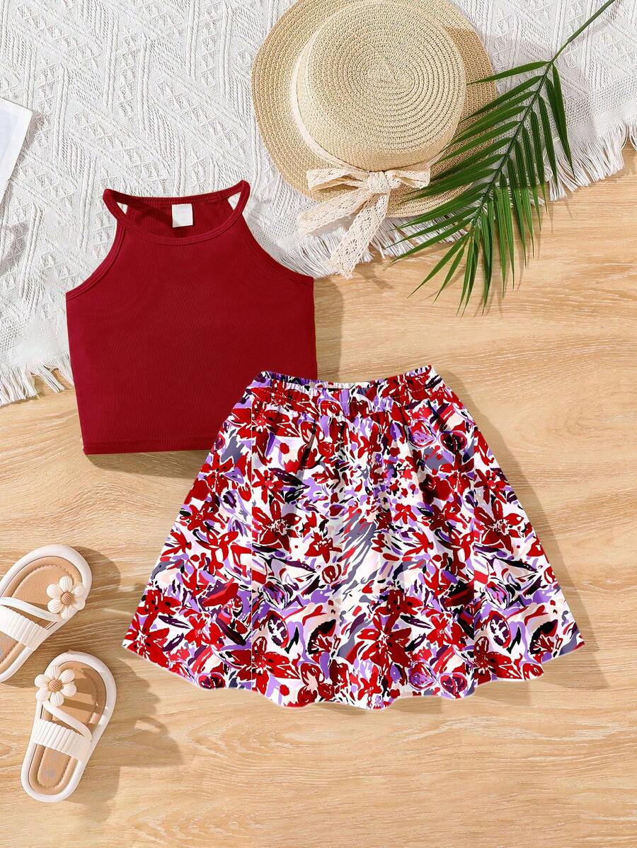SHEIN Conjunto de chaleco de punto y falda estampada para niña, adecuado para el uso diario, actividades al aire libre, que muestra un estilo alegre y lindo - Rojo - Ver 1