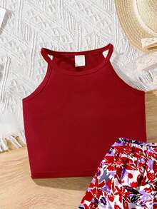SHEIN Conjunto de chaleco de punto y falda estampada para niña, adecuado para el uso diario, actividades al aire libre, que muestra un estilo alegre y lindo - Rojo - Ver 3