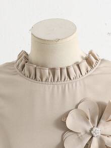 SHEIN Tween Girl Casual Elegant Frill Collar, Bow Back Decor Button Down Sleeveless Woven Solid Color Dress, French Vintage Style,Kids - Apricot - View 5