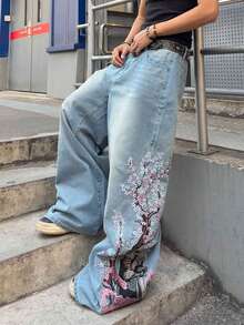 ROMWE MEN Street Life Jeans de corte holgado con bordado floral para hombre - Celeste - Ver 5