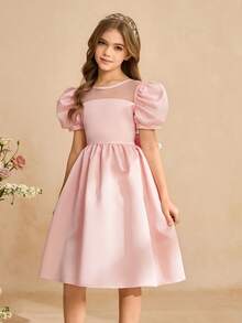 Đầm satin ôm dáng thanh lịch với nơ và tay áo cánh hoa dành cho bé gái tuổi teen, thích hợp cho các buổi tiệc tối, Giáng sinh, đám cưới, dạ hội, kỳ nghỉ, lễ tốt nghiệp. - Hồng - Xem 5