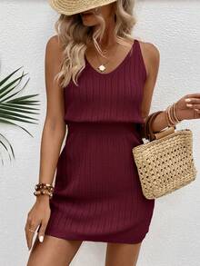 EMERY ROSE Fashionable Versatile Hollow Crochet V-Neck Women Sweater Dress - Burgundy - View 6