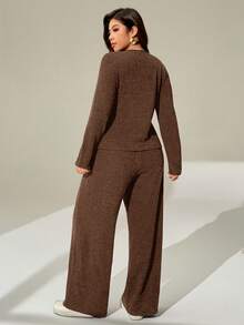 Auralis Plus-Size Women's Autumn/Winter Fashionable Casual High-Elasticity Comfortable Everyday Button-Down Long-Sleeved Cardigan And Wide-Leg Pants In Dark Gray Two Pieces Set,Fall Clothes,Airport Outfits,Simple Style,Pants Set - Brown - View 2