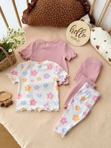 SHEIN 女婴简约蝴蝶图案圆领荷叶边短袖长裤柔软亲肤家居睡衣套装（4件套） - 彩色 - 查看 4