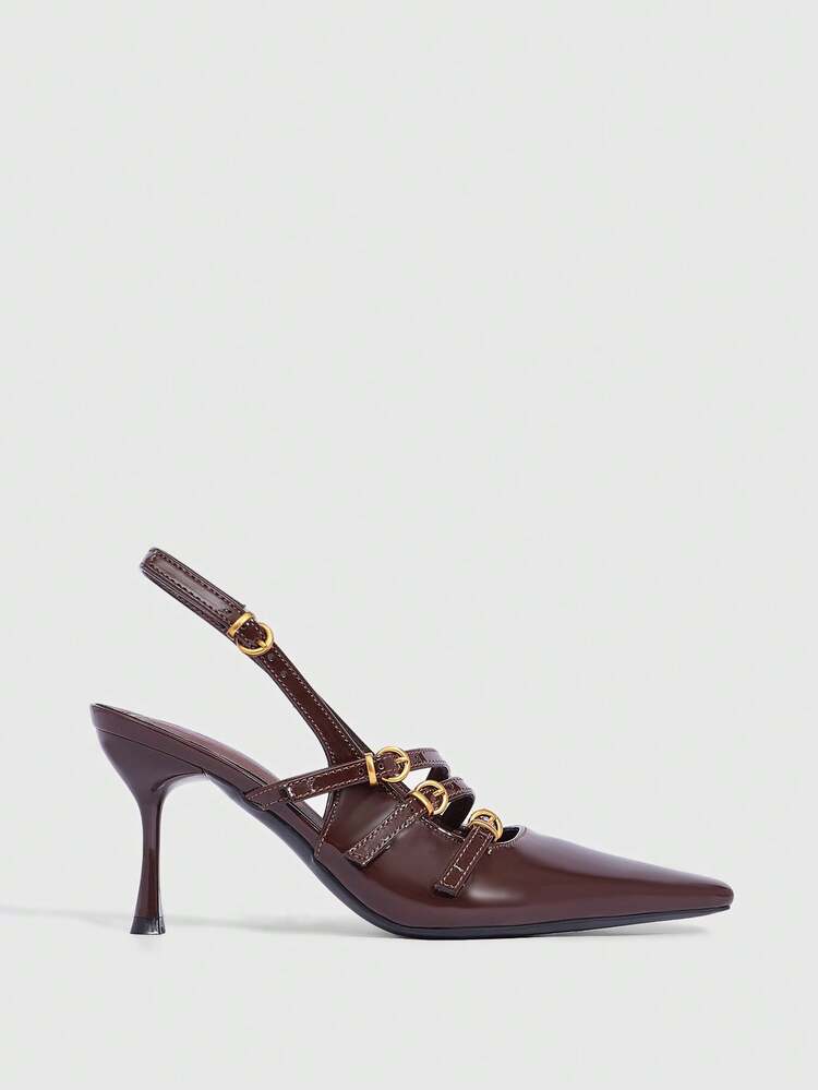 CUCCOO SZL Women's Pointed Toe Coffee Brown Patent Leather Metal Buckle Stylish Minimalist Sexy Stiletto Heel Pumps
