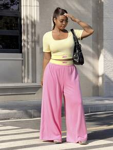 Muchica Plus Size Women's Casual Daily Commute Scoop Neck Fitted Cropped T-Shirt And Wide Leg Pants 2 Piece Set, Spring/Summer, Summer Outfits - Multicolor - View 4