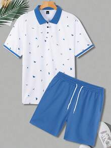 Manfinity Homme 男士撞色拼接领短袖半开襟休闲印花夏季Polo衫套装两件套，夏季男士休闲短袖两件套，假日 - 彩色 - 查看 4
