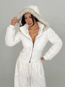 Flirla Women's Casual Fashion Hooded Contrast Color Fur Trim Zip-Up Padded Coat, Suitable For Autumn/Winter - White - View 5
