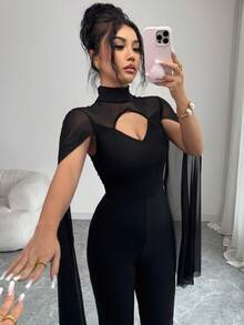 Rafferiza European & American Style Halter Neck Hollow Out Waist Cinching Slit Sleeve Jumpsuit For Women - Black - View 6