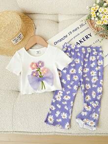 SHEIN LMoss Kids Bộ đồ mùa hè dễ thương cho bé gái: quần ống loe và áo tay ngắn dệt kim họa tiết hoa màu tím. - Màu tím - Xem 5