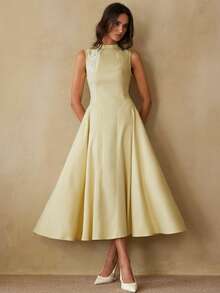 Revavyn Fashionable French Design Sense Commuting Cinched Waist 3D Floral Sleeveless Dress - Yellow - View 7