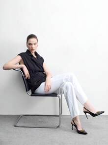 CUCCOO BIZCHIC 女士春夏金属扣装饰尖头细跟9厘米高跟鞋纯色通勤约会日常度假鞋 - 黑色油皮 - 查看 10