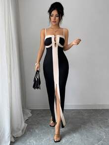 Rafferiza Đầm ôm eo hai dây màu đen và mơ phối hợp thanh lịch dành cho nữ. - màu đen - Xem 7
