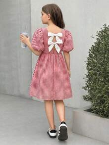 SHEIN 少女休闲红色格子蝴蝶结装饰泡泡袖宽松A字连衣裙，返校季 - 紅色 - 查看 7